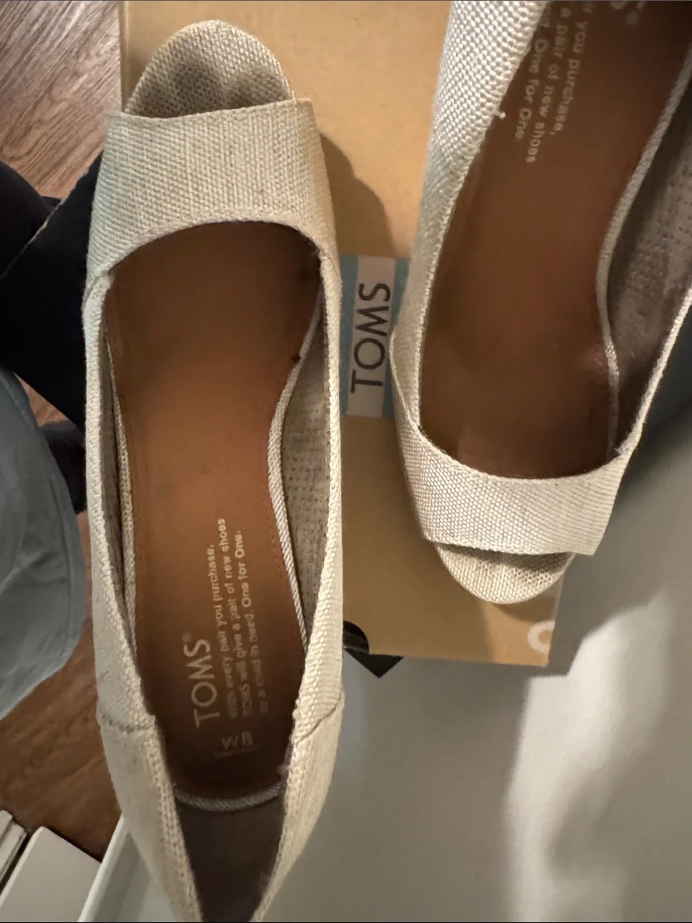 TOMS Natural Linen Cork Wedge Peep-Toe Heels